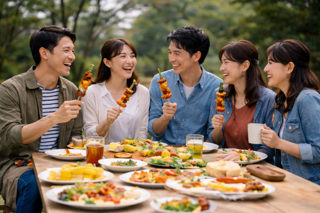 公園でバーベキューを楽しむ30代男女6名の交流風景。自然な会話と笑顔が広がるシーン