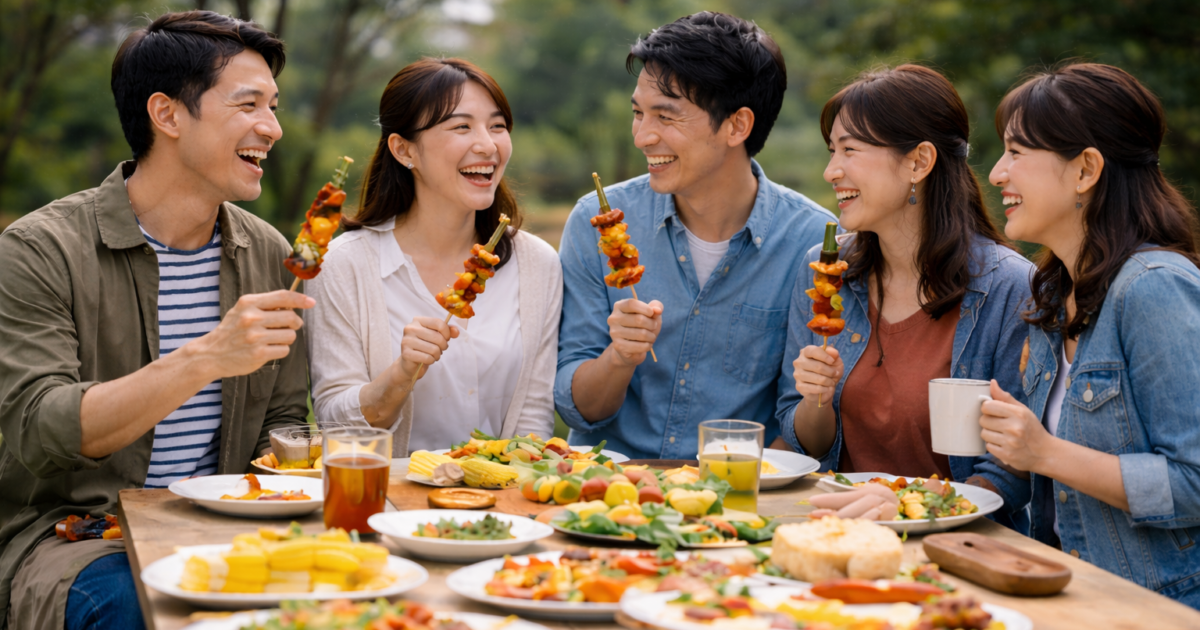 芦屋近郊の公園でバーベキューを楽しむ30代男女6名の交流風景。自然な会話と笑顔が広がるシーン