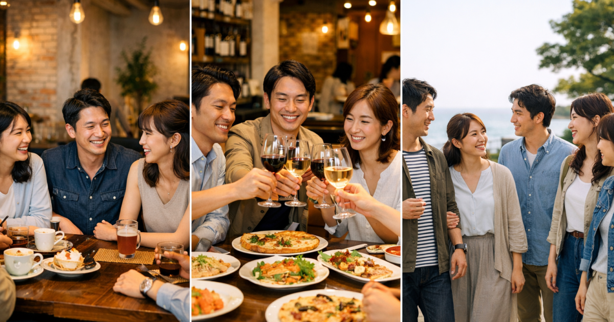 大阪・梅田で開催される40代・50代・60代向け少人数食事会イベント特集のイメージ。春らしい雰囲気の中、大人の男女が笑顔で交流している様子