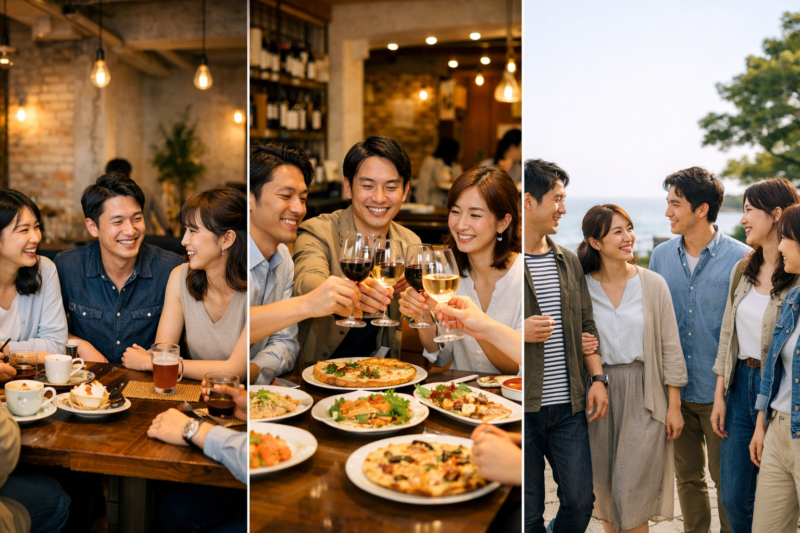 大阪・梅田で開催される40代・50代・60代向け少人数食事会イベント特集のイメージ。春らしい雰囲気の中、大人の男女が笑顔で交流している様子