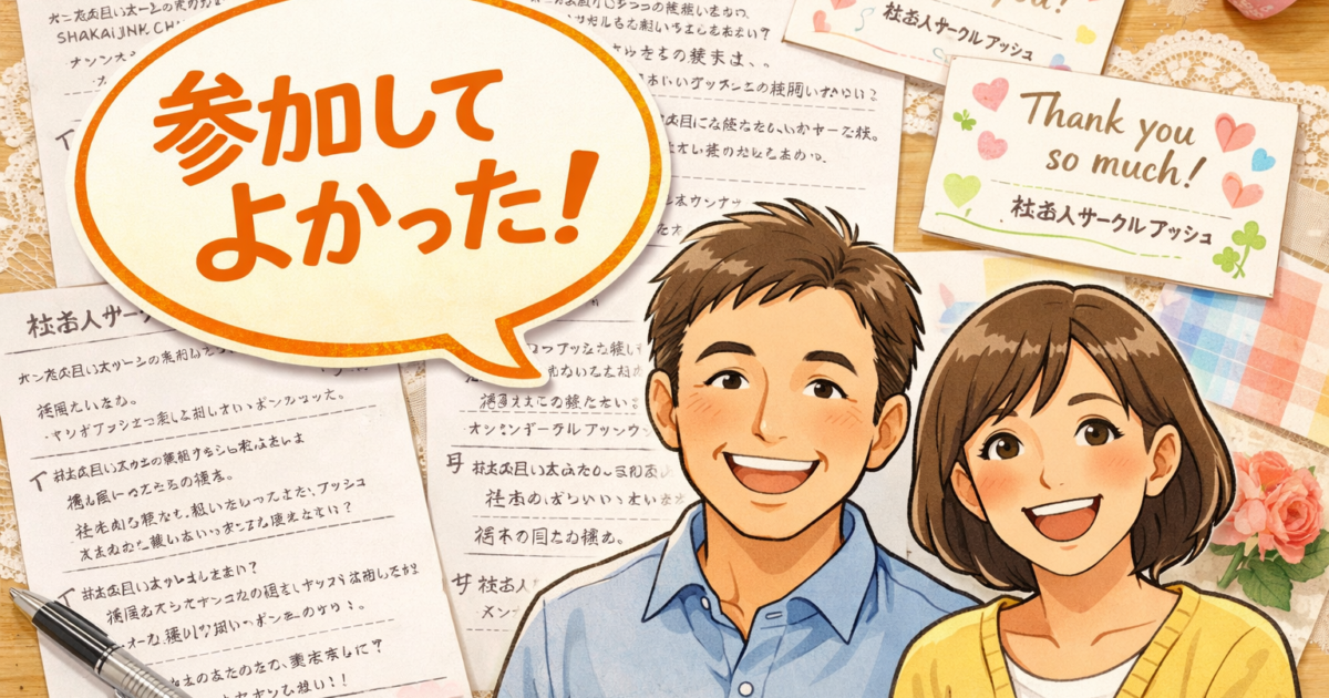 手書きのアンケート用紙やサンクスカードが綺麗に並べられている背景に、「参加してよかった！」という吹き出しと、笑顔の男女のイラストを配置