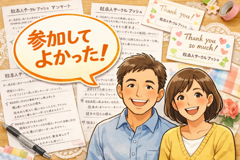 手書きのアンケート用紙やサンクスカードが綺麗に並べられている背景に、「参加してよかった！」という吹き出しと、笑顔の男女のイラストを配置