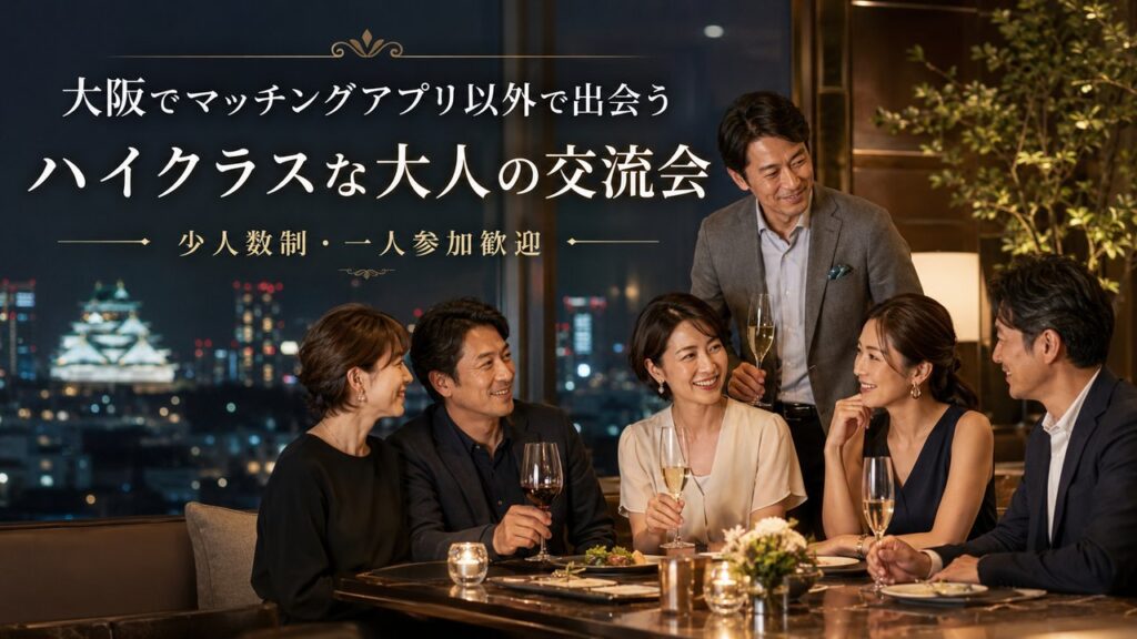 夜景が見える上質なダイニングで、30代・40代・50代の日本人男女がワインを片手に会話を楽しむハイクラスな大人の交流会