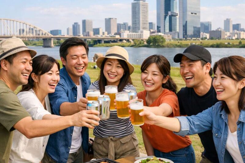 大阪の淀川河川敷で30代40代の男女がバーベキューを囲んで笑顔で乾杯している野外イベントのイメージ