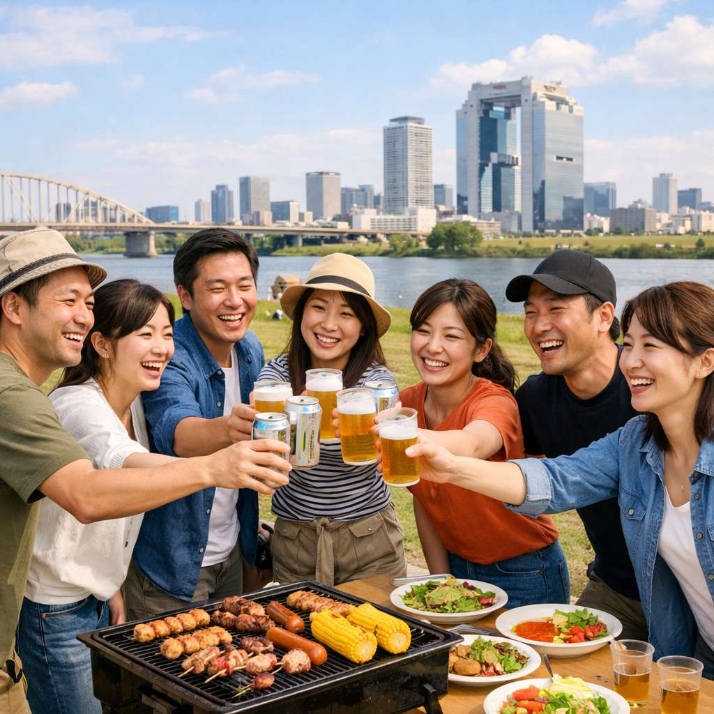 大阪の淀川河川敷で30代40代の男女がバーベキューを囲んで笑顔で乾杯している野外イベントのイメージ