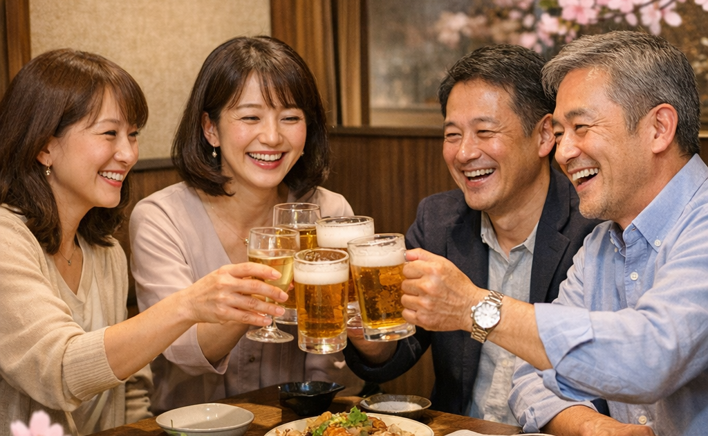 上野の落ち着いた個室で、45才から59才の男女が笑顔で乾杯している少人数の大人飲み会