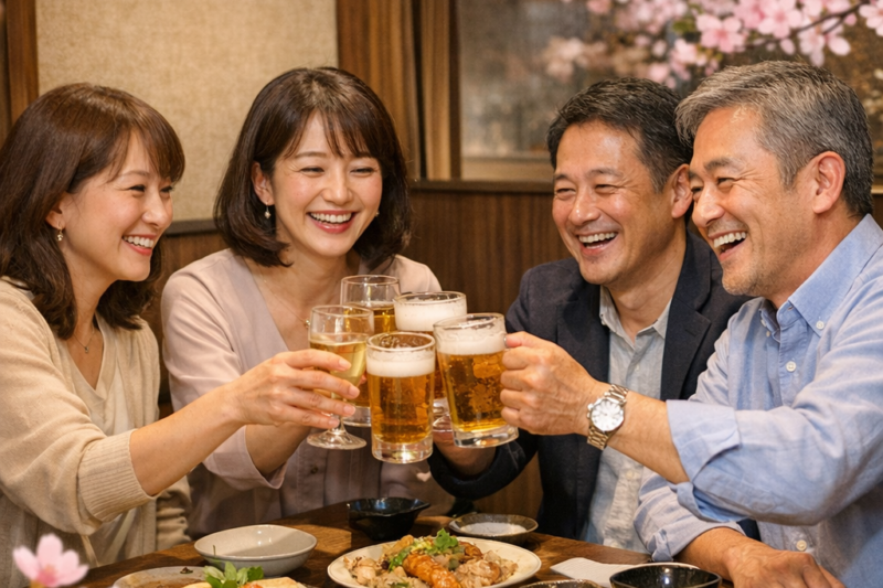 上野の落ち着いた個室で、45才から59才の男女が笑顔で乾杯している少人数の大人飲み会