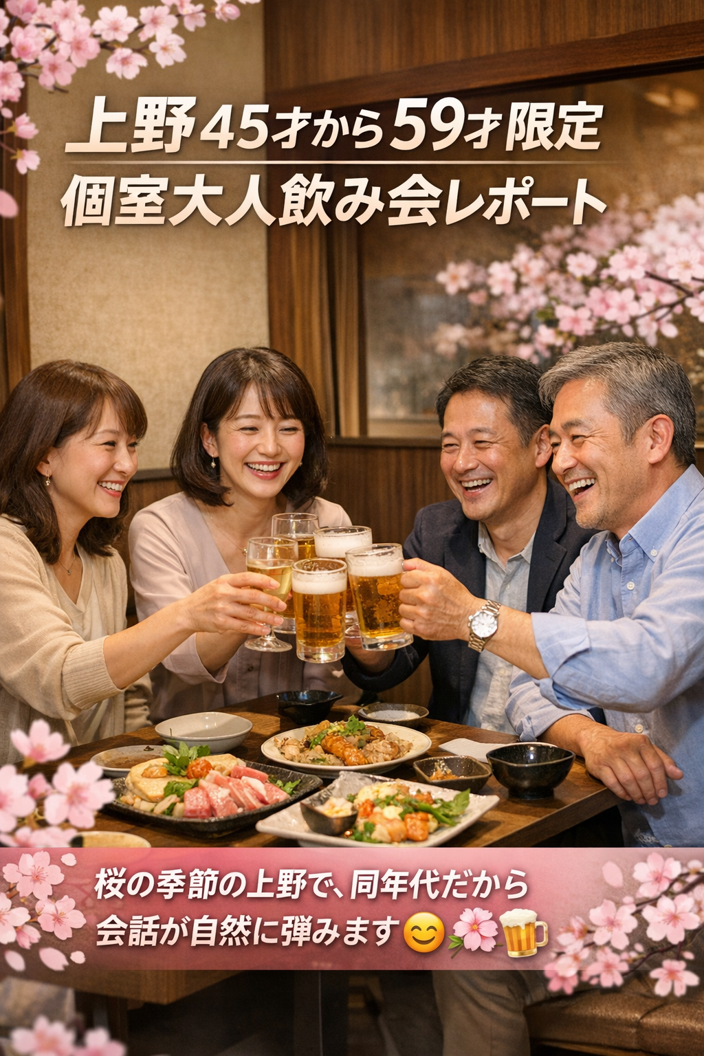 上野の落ち着いた個室で、45才から59才の男女が笑顔で乾杯している少人数の大人飲み会