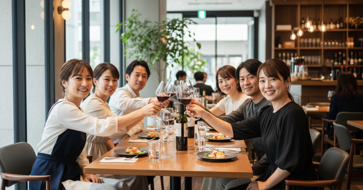 大阪梅田のレストランで30代・40代の男女が笑顔で乾杯している少人数の婚活・恋活交流会