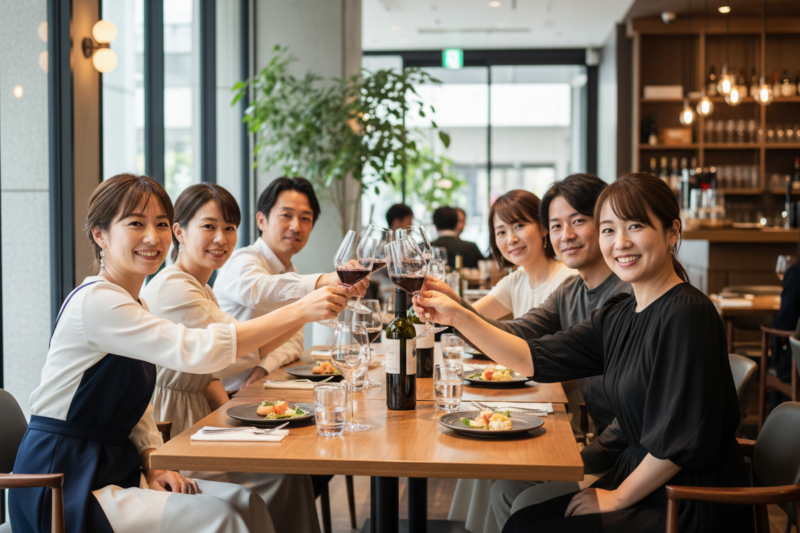 大阪梅田のレストランで30代・40代の男女が笑顔で乾杯している少人数の婚活・恋活交流会