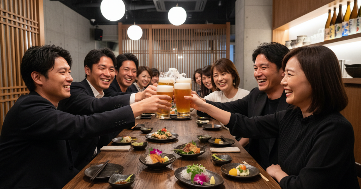 恵比寿のお洒落なレストランで30代 40代の男女が立食スタイルで笑顔で会話している交流パーティー