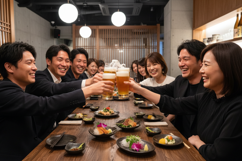 恵比寿のお洒落なレストランで30代 40代の男女が立食スタイルで笑顔で会話している交流パーティー