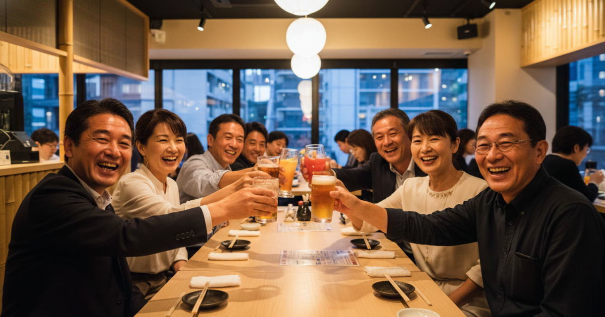 京都で楽しく乾杯する独身男女の社会人サークルイベント風景