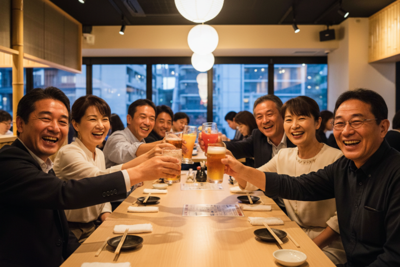 京都で楽しく乾杯する独身男女の社会人サークルイベント風景