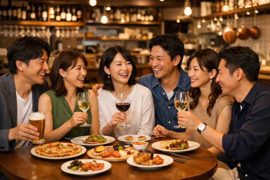 お洒落なイタリアンレストランで、40代の日本人男女6人が笑顔で食事と会話を楽しんでいる様子