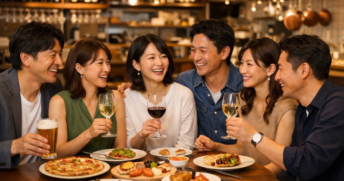 東京のお洒落なイタリアンレストランで、40代の日本人男女6人が笑顔で食事と会話を楽しんでいる様子
