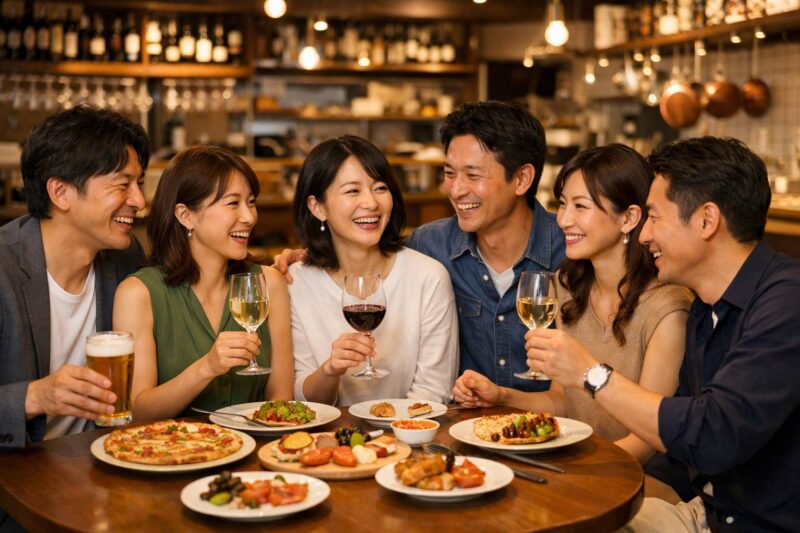 お洒落なイタリアンレストランで、40代の日本人男女6人が笑顔で食事と会話を楽しんでいる様子