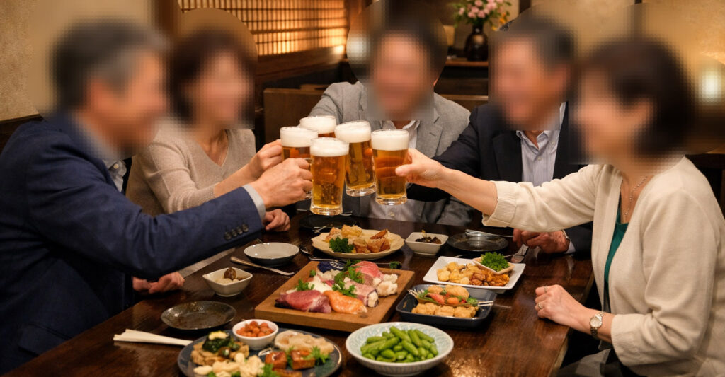 東京駅八重洲エリアの落ち着いた個室ダイニングで、50代・60代の日本人男女が笑顔で食事と会話を楽しんでいる様子