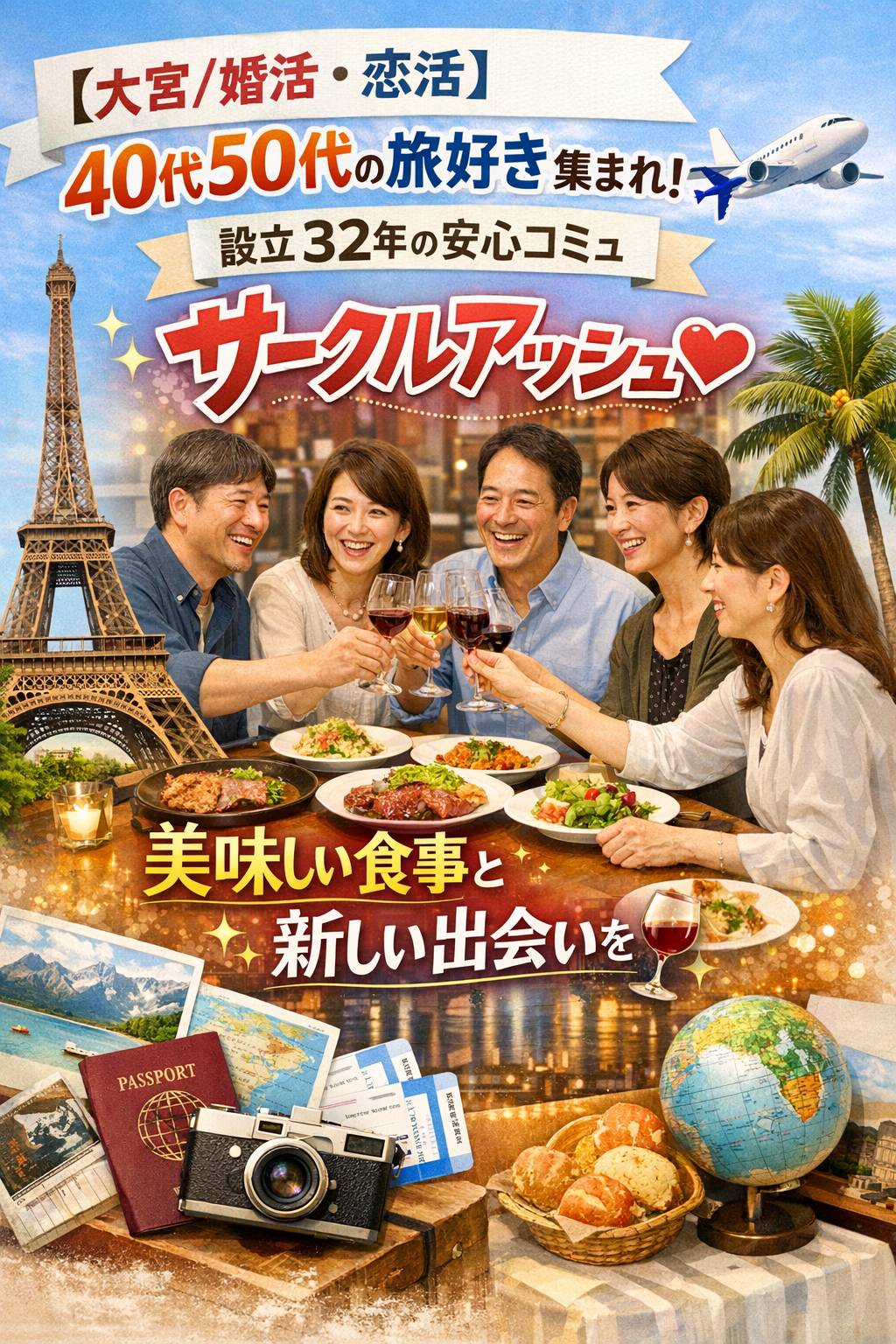 旅行好きの40代50代が大宮の落ち着いた飲食店で交流している婚活・恋活イベント風景