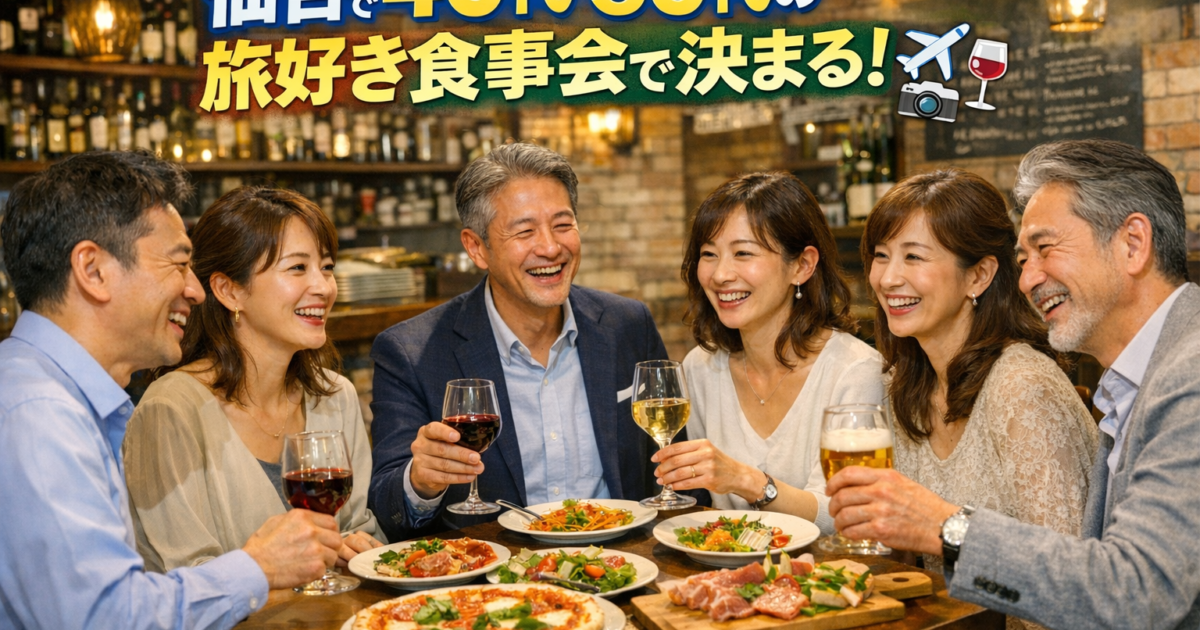 仙台のイタリアンで40代50代の男女6人が笑顔で乾杯しながら会話を楽しむ旅行好き食事会のイメージ