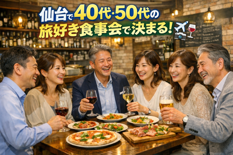 仙台のイタリアンで40代50代の男女6人が笑顔で乾杯しながら会話を楽しむ旅行好き食事会のイメージ
