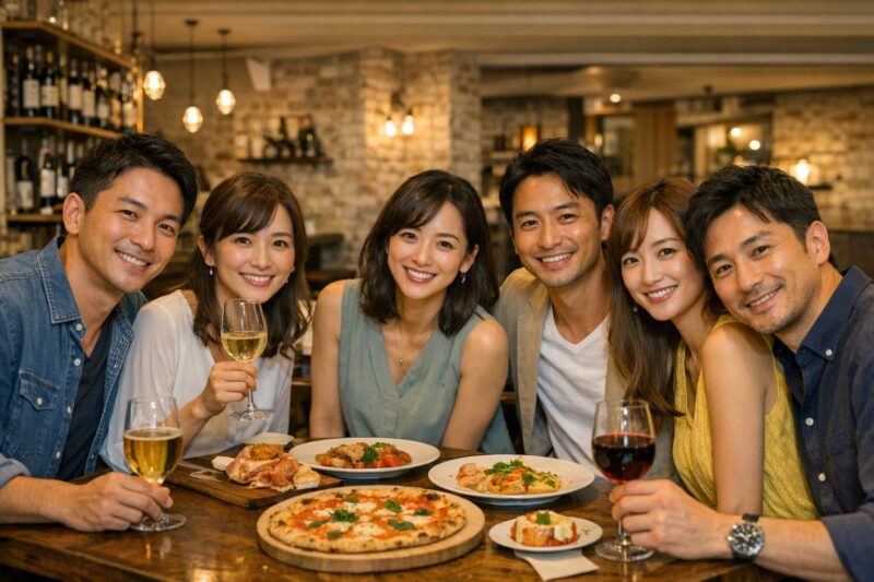 楽しく乾杯する40代アラフォー独身男女の社会人サークルイベント風景