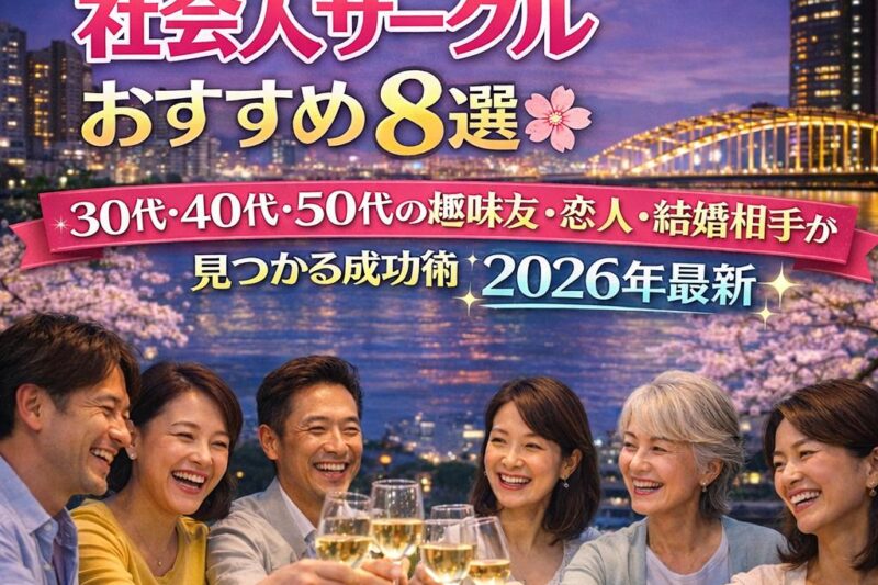 大阪京橋の夜景を背景に40代の男女6名が笑顔でワインで乾杯している社会人サークル