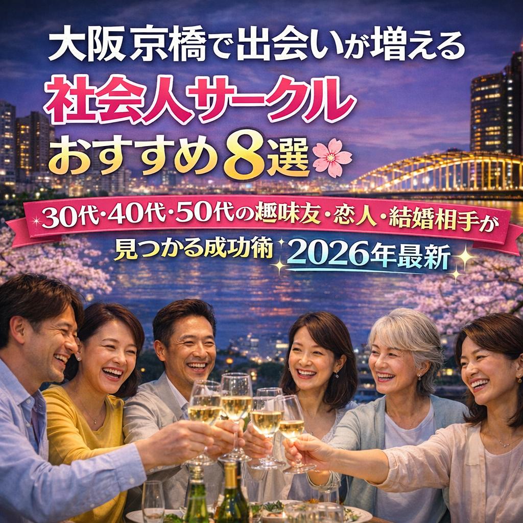 大阪京橋の夜景を背景に40代の男女6名が笑顔でワインで乾杯している社会人サークル