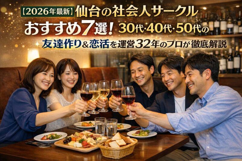 仙台で開催される30代・40代・50代向け社会人サークルの和やかな乾杯シーン。自然な出会いと友達作り