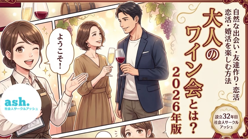 社会人サークルアッシュの大人のワイン会で、一人参加の男女が食事とワインを楽しみながら会話