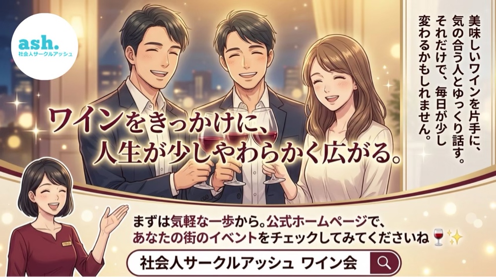 ワインと料理が並ぶテーブルを囲み、初対面の男女がリラックスして会話している様子。スタッフが自然に見守っている雰囲気。明るく清潔感のある店内で、安心して参加できる社会人交流イベント