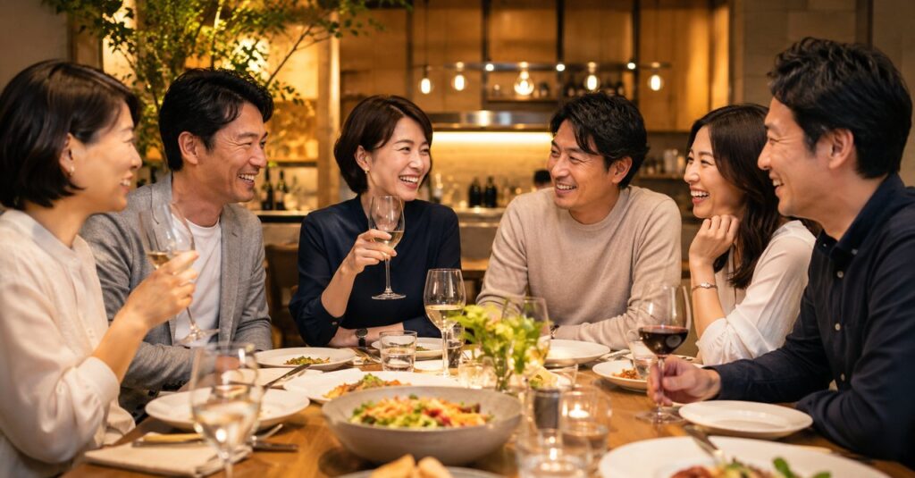 広島の落ち着いたレストランで40代の日本人男女6名が笑顔で会話を楽しむ少人数婚活食事会のイメージ