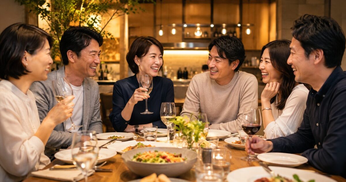 広島の落ち着いたレストランで40代の日本人男女6名が笑顔で会話を楽しむ少人数婚活食事会のイメージ