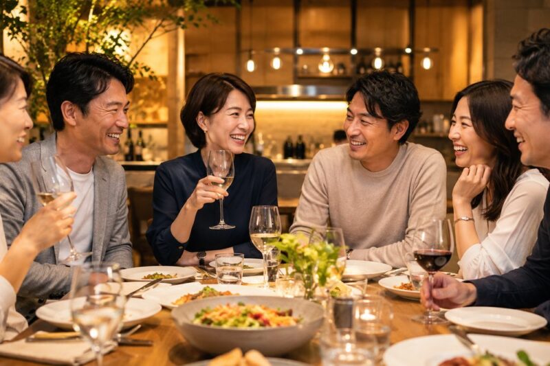 広島の落ち着いたレストランで40代の日本人男女6名が笑顔で会話を楽しむ少人数婚活食事会のイメージ