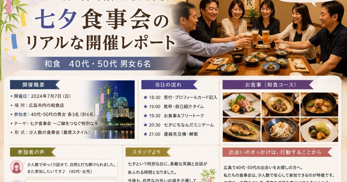 広島で開催された40代50代向け七夕食事会で、男女が個室空間で笑顔で交流している様子