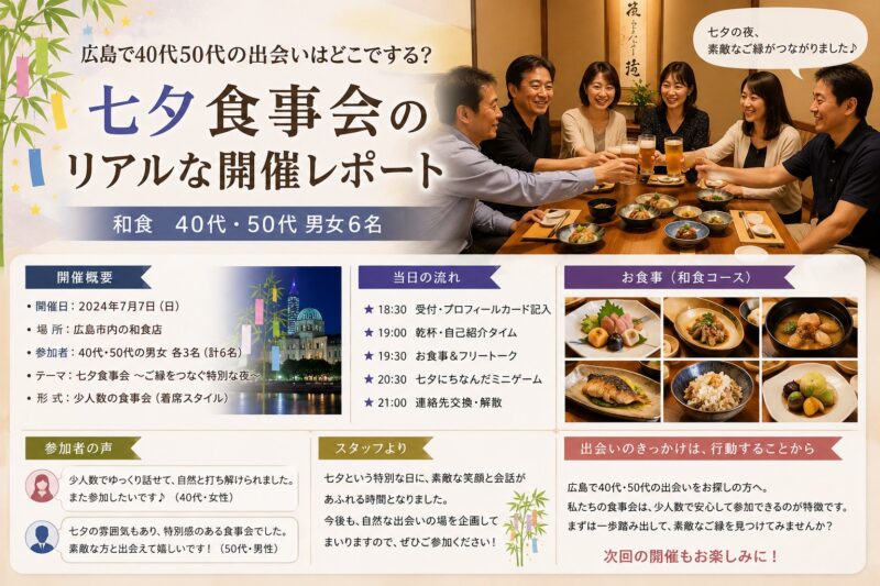 広島で開催された40代50代向け七夕食事会で、男女が個室空間で笑顔で交流している様子