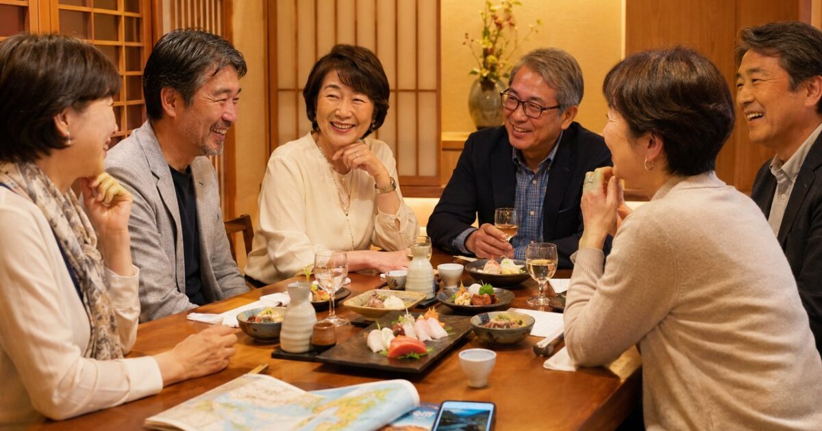 西宮北口の個室和食店で50代・60代の日本人男女が旅行の話をしながら笑顔で交流する恋活・婚活食事会