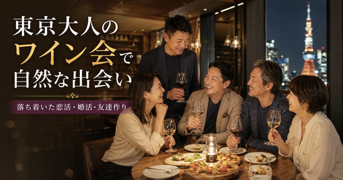 東京の夜景が見えるレストランで、40代・50代の男女6名がカジュアルな服装でワインを楽しみながら笑顔で交流している、東京大人のワイン会
