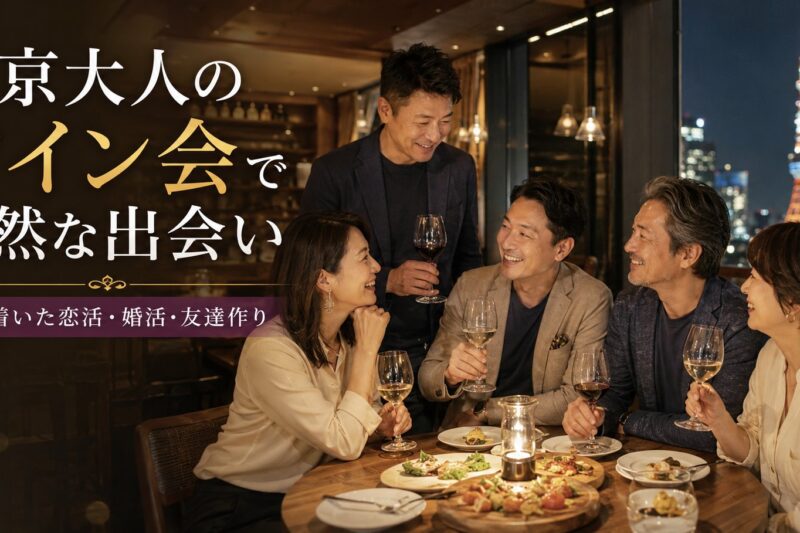 東京の夜景が見えるレストランで、40代・50代の男女6名がカジュアルな服装でワインを楽しみながら笑顔で交流している、東京大人のワイン会