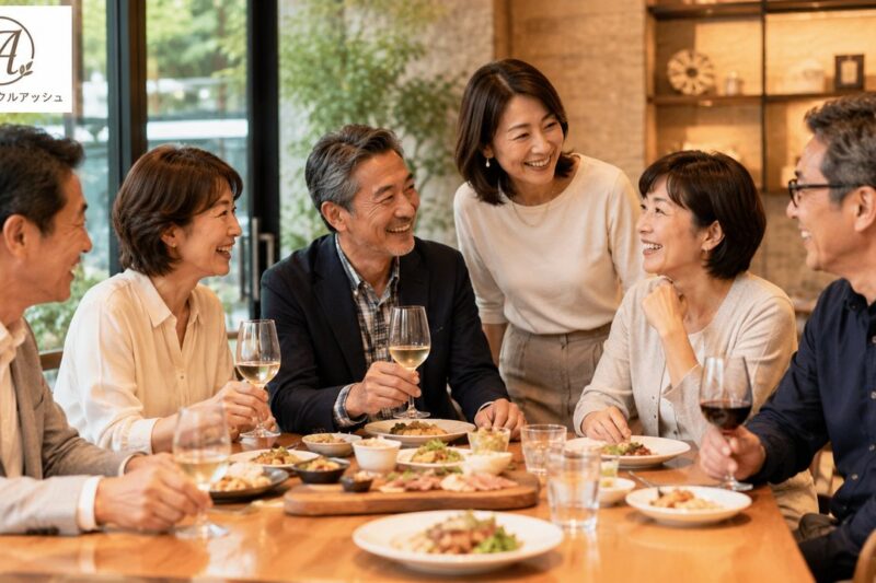 広島の落ち着いたレストランでカジュアルな服装の50代日本人男女6名が食事を囲み、笑顔で交流する社会人サークルアッシュの食事会