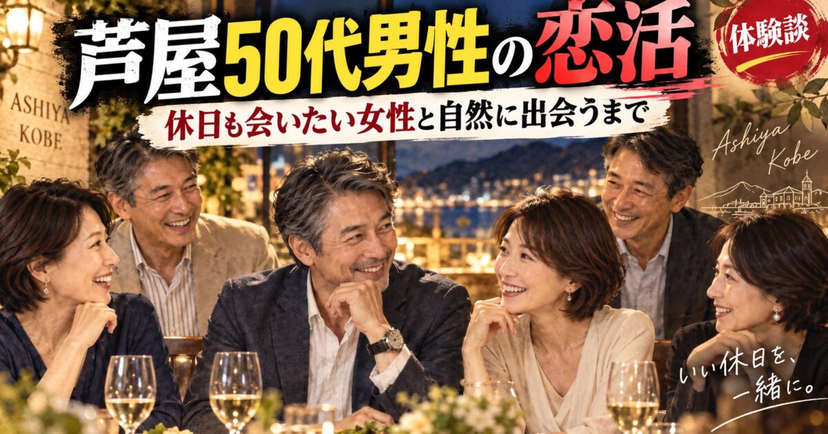 芦屋の落ち着いたレストランで、50代の日本人男女が笑顔で食事を楽しむ様子。ゴルフ仲間はいるものの、休日にも会いたい女性との自然な出会いを求めた50代男性の恋活体験談
