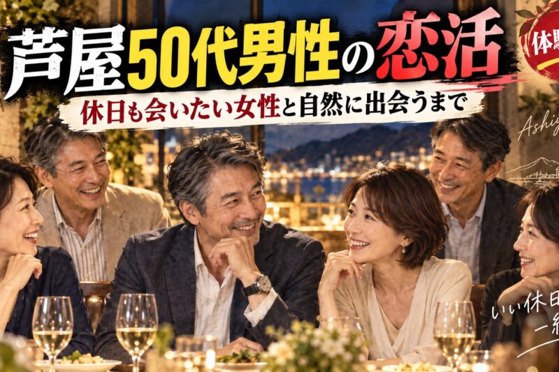 芦屋の落ち着いたレストランで、50代の日本人男女が笑顔で食事を楽しむ様子。ゴルフ仲間はいるものの、休日にも会いたい女性との自然な出会いを求めた50代男性の恋活体験談