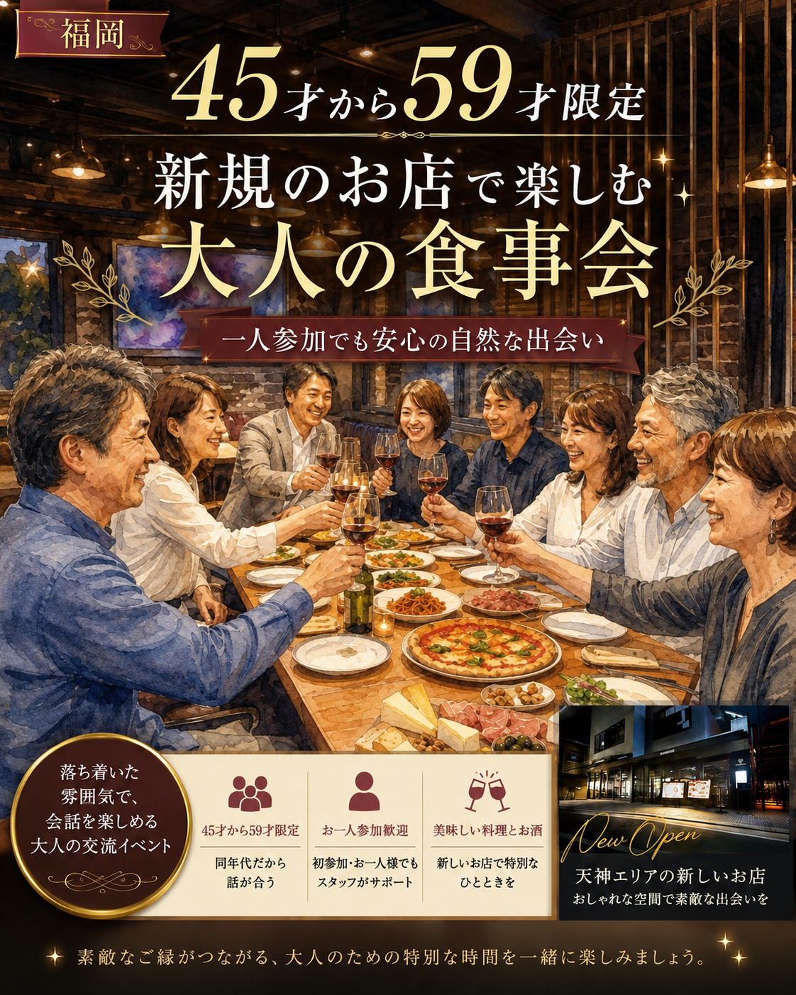 福岡｜45才から59才限定｜新規のお店で楽しむ大人の食事会｜一人参加でも安心の自然な出会い